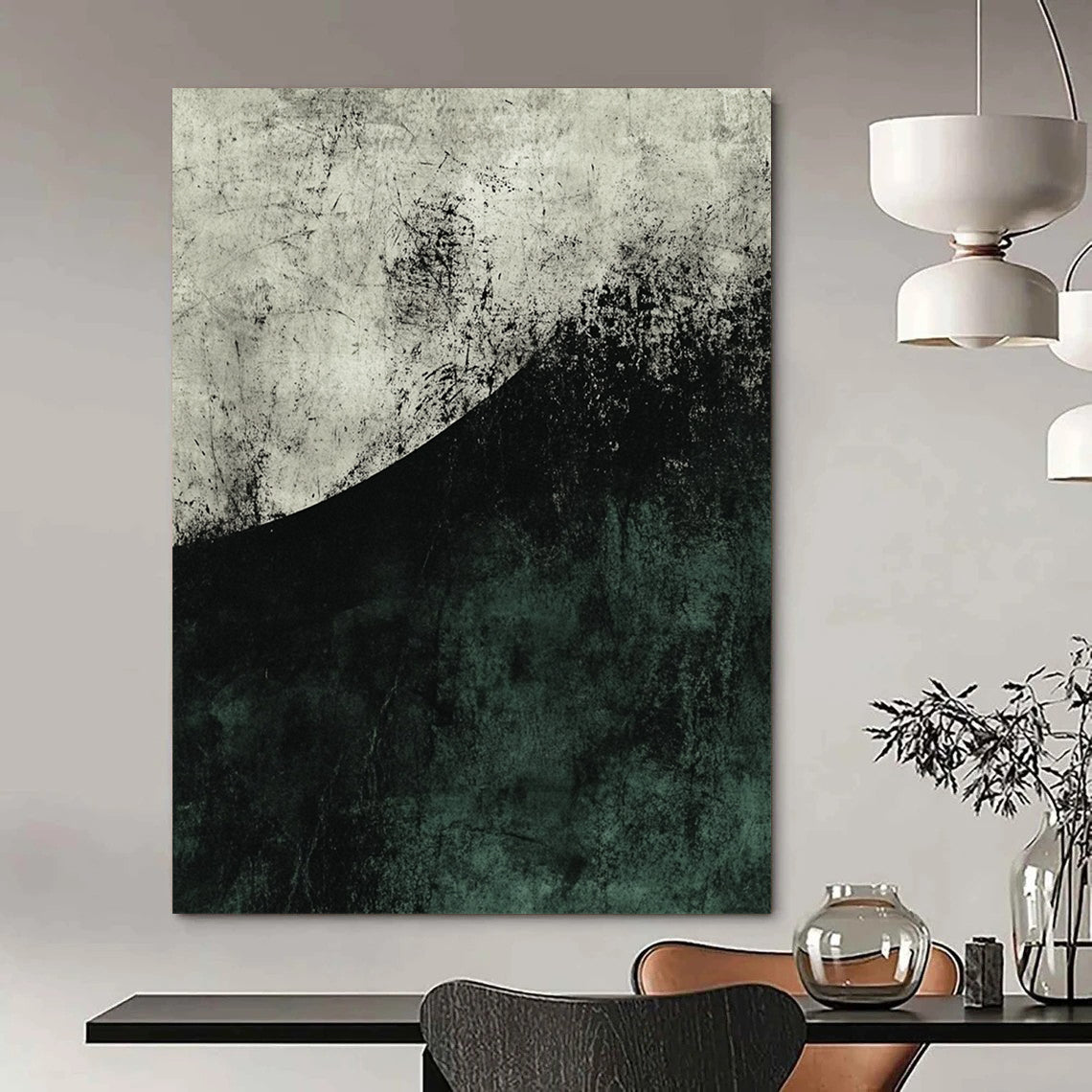 Contemporary abstract artwork featuring a large dark green and grey half circle with textured brushwork and strong negative space in muted tones. DLZ0809