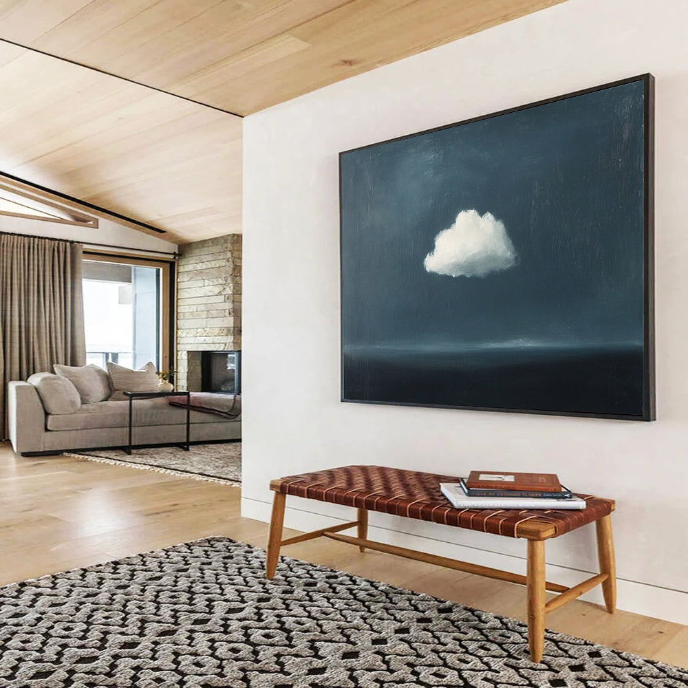 “Lone Cloud Over Sea” - Dark Blue, White, Minimalist Landscape Painting On Canvas HB0710