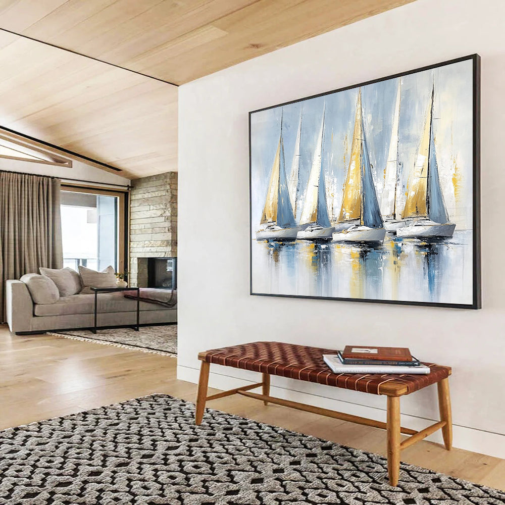 “Blue and Gold Sailboats” - Light Blues, Golds, Whites, Sailboats on Reflective Water - Impasto Oil Painting HB1734