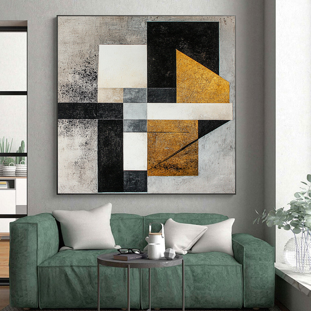Gray, White, Black, Gold with Mixed Shapes "Textured Fusion" Abstract Painting On Canvas HB016