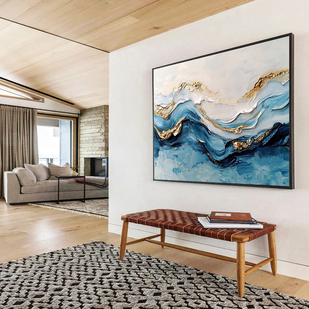 “3D Textured Wave Art” - Blue, White, Gold, 3D Textured Wave Painting On Canvas HB0972