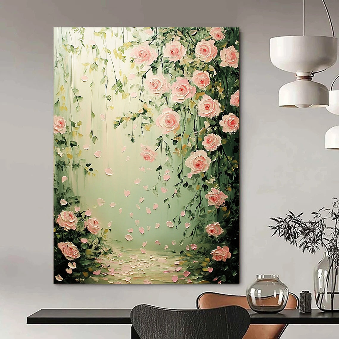 Contemporary hand-painted abstract art featuring pink roses and green leaves with softly falling petals in a dreamy pastel background, perfect for wedding decor. DLZ1508