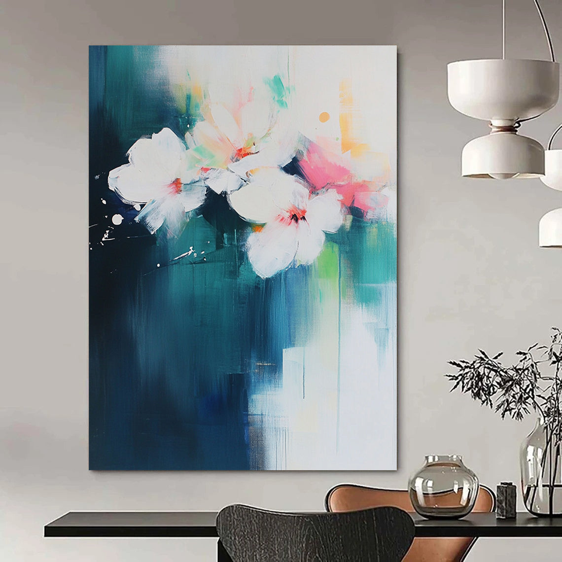 Contemporary abstract art featuring bold brush strokes on a white backdrop with aqua blue and pink floral accents. DLZ0750