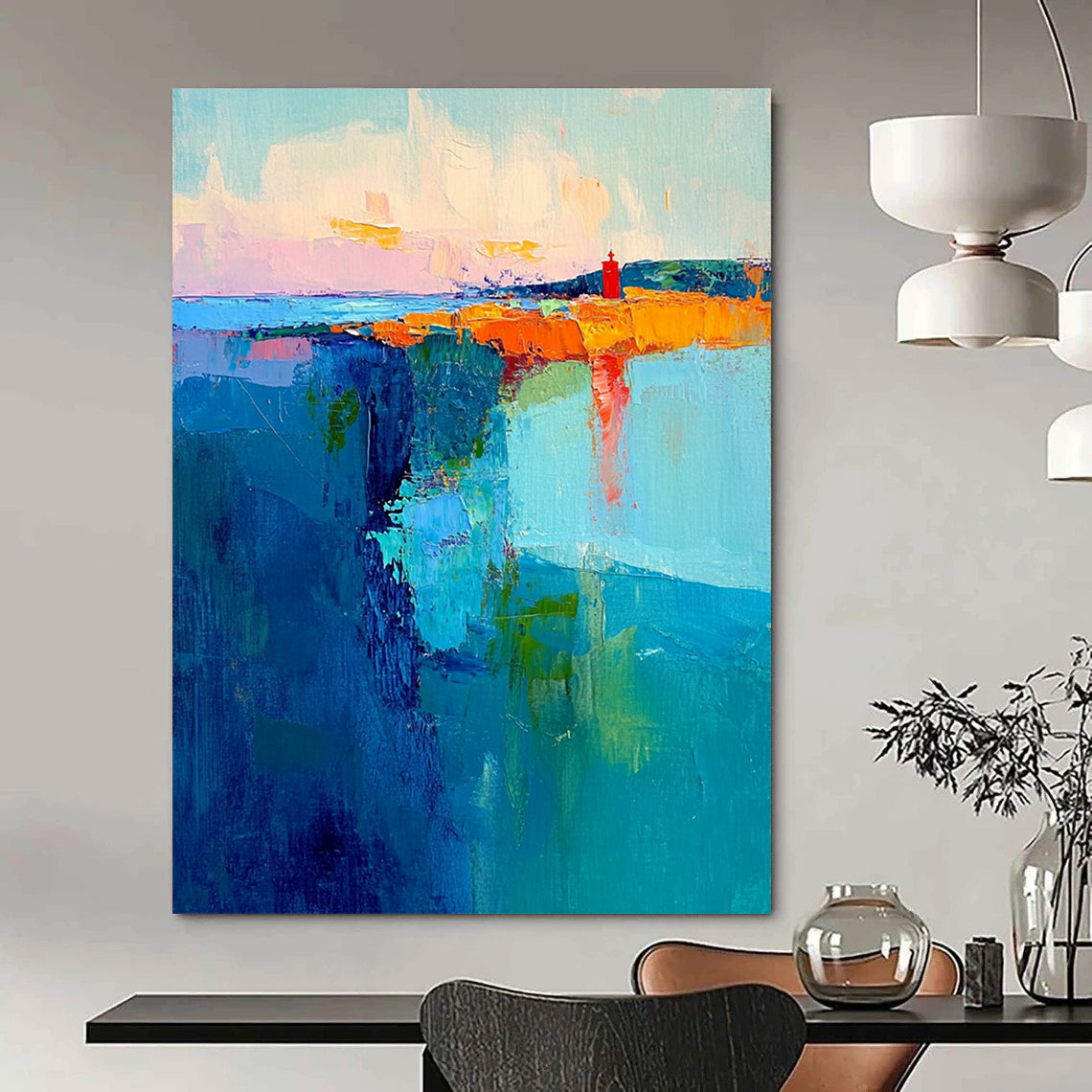 Contemporary abstract canvas showcases swirling teal and blue brushstrokes with a pastel sky and a striking red lighthouse embodying energy and tranquility. DLZ0363