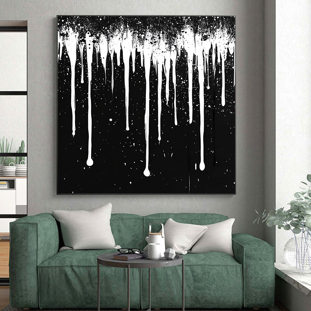 White Dripping Paint on Black "Celestial Drip" Painting On Canvas HB306