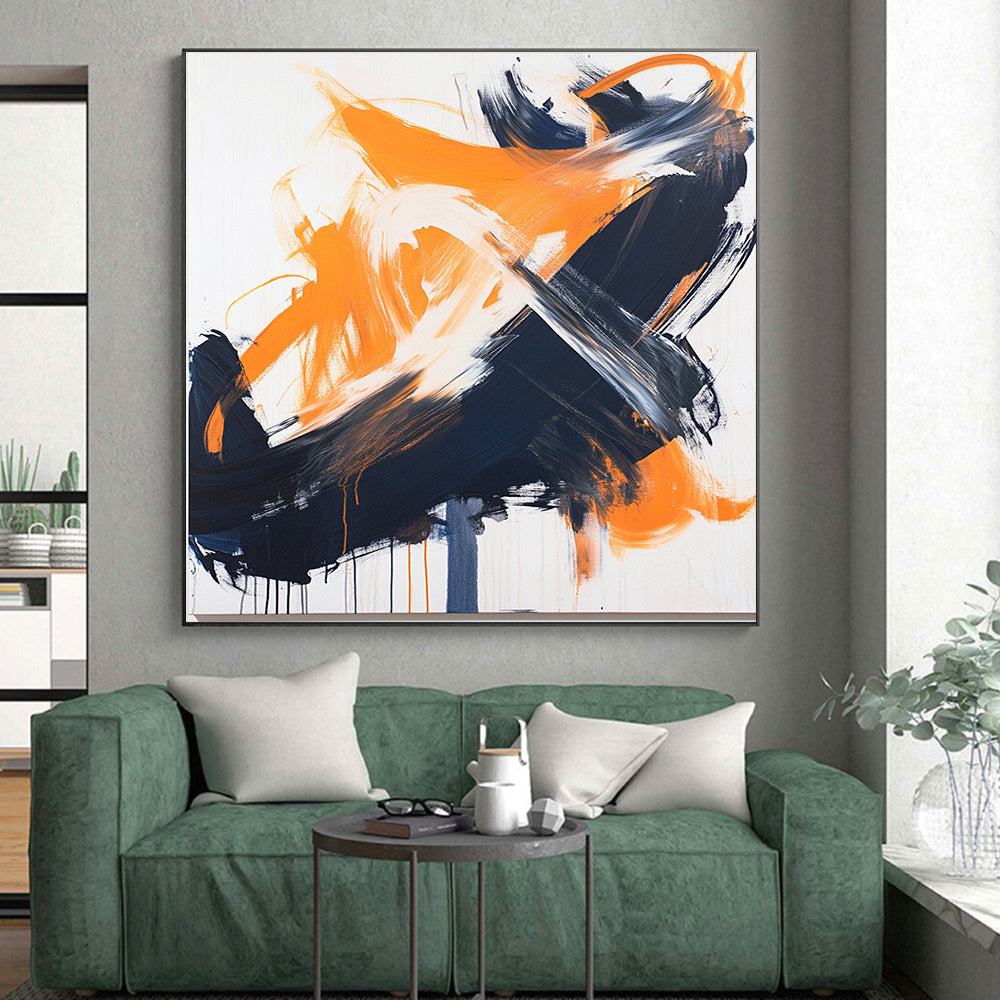White, Orange, Black, Gray, Bold Brushstrokes "Fiery Clash" Abstract Expressionist Painting On Canvas HB056