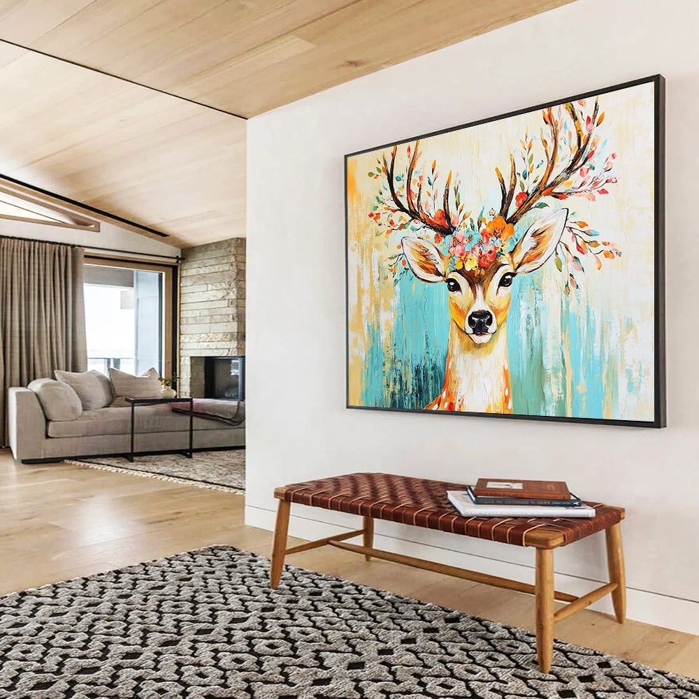 “Floral - Antlered Deer” - Yellow, Blue, Colorful Flowers, Deer Portrait - Whimsical Acrylic Painting HB1677