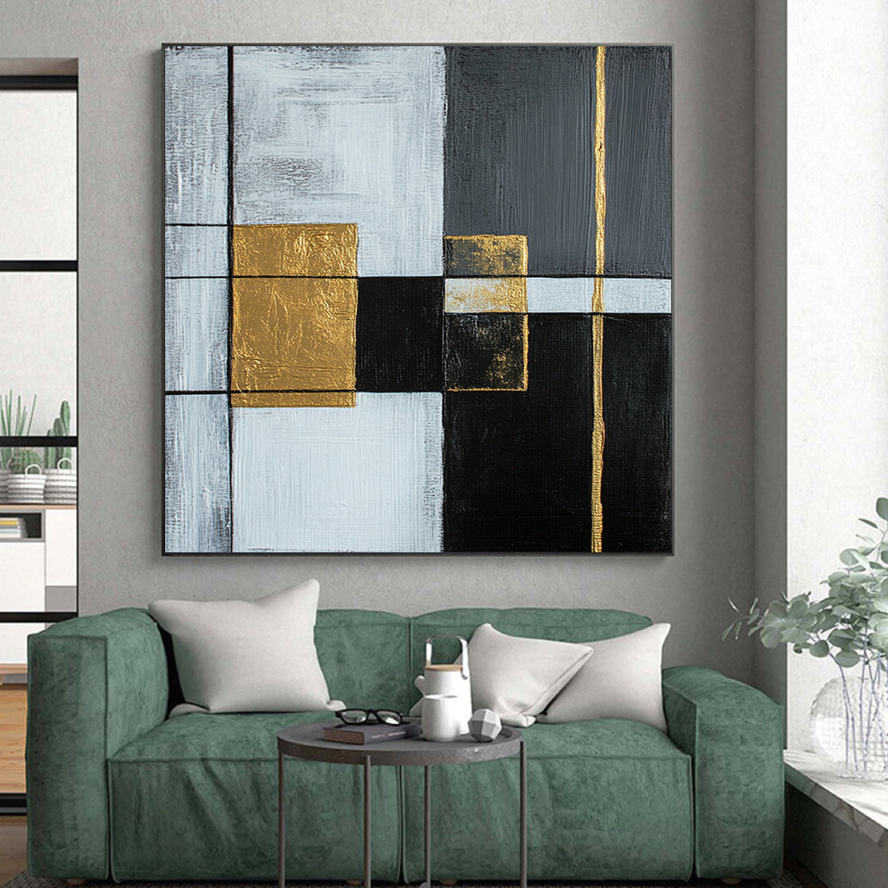 Gray, White, Gold, Black, Geometric Squares "Gilded Intersection" Abstract Modernist Painting On Canvas HB149