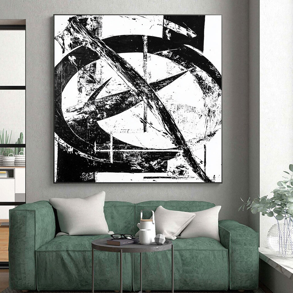 Black & White Abstract Geometric Marks - “Monochrome Urban Graffiti” Painting On Canvas HB221