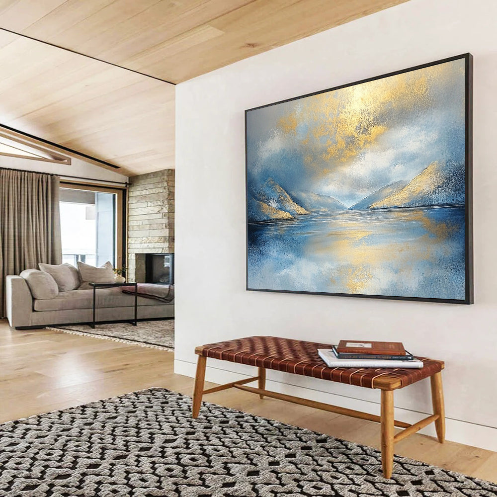 “Golden Mountain Reflection” - Blue, Gold, White, Sparkling Lake and Sunlit Peaks Painting On Canvas HB0919