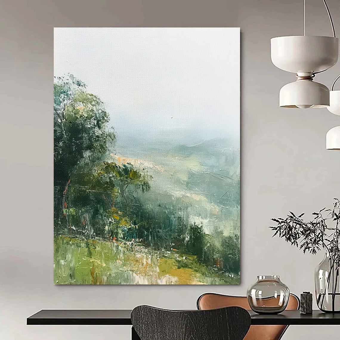 Contemporary abstract painting featuring tranquil green hills and soft mist in muted tones inspired by Richard Schmid artistry. DLZ0485