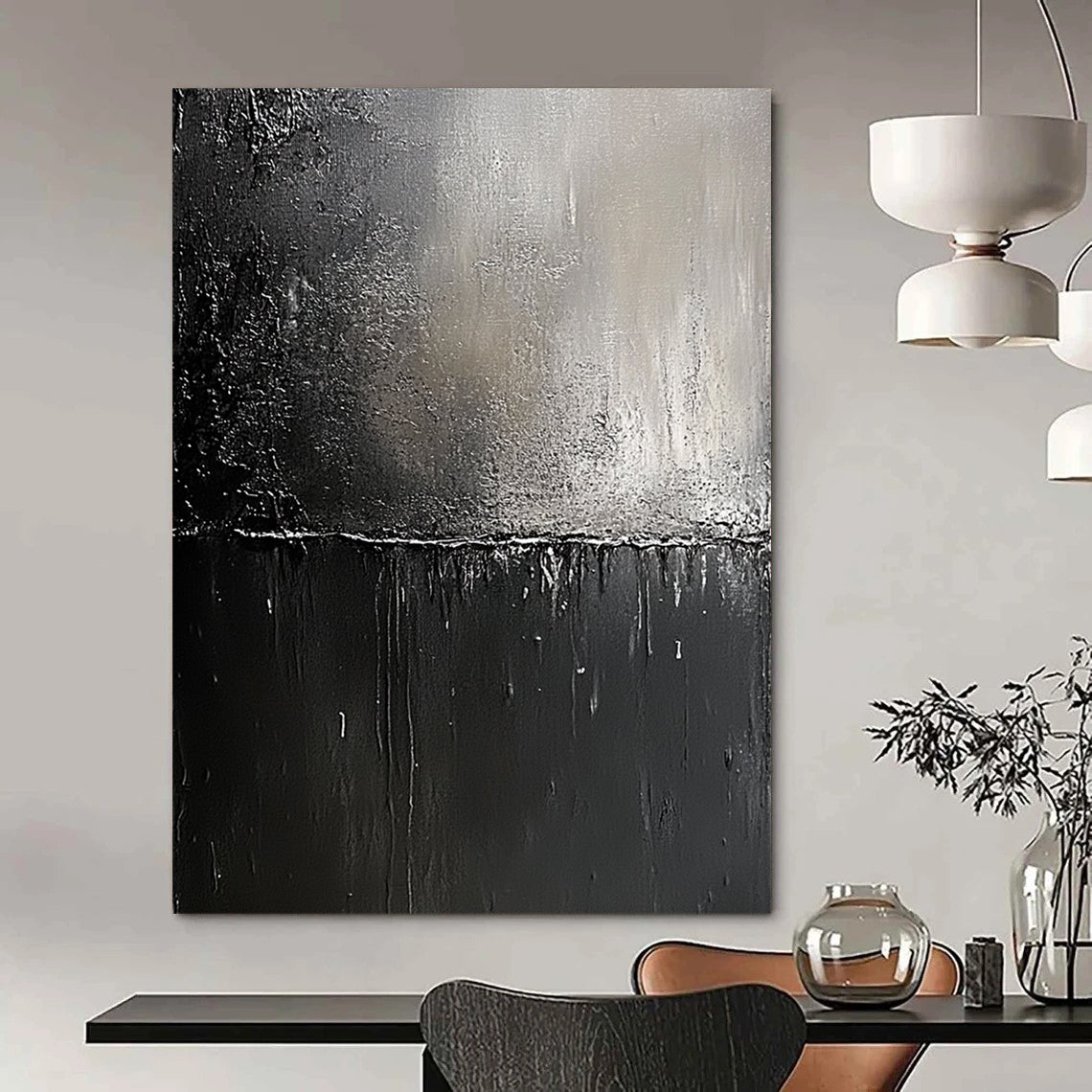 Contemporary abstract painting featuring black and gray metallic textures with visible brush strokes and a hint of light symbolizing hope and renewal. DLZ0319