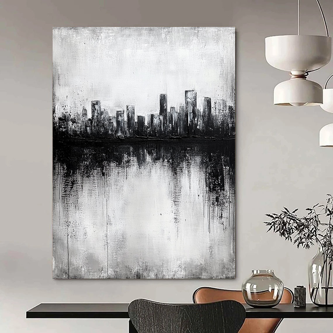 Contemporary abstract painting with textured canvas showcasing a city skyline reflected in a lake, featuring dark gray tones in a striking black and white palette. DLZ0299