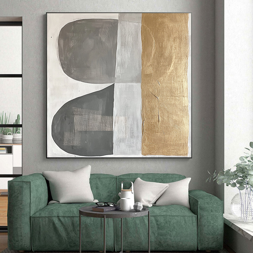 Gray, Silver, Gold and White Geometric Abstraction "Minimalist Geometry" Painting On Canvas HB396