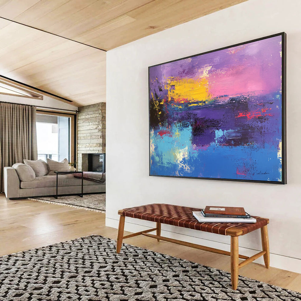 “Purple Pink Abstract Horizon” - Purple, Pink, Yellow, Blue with a Colorful Horizon - Painting On Canvas HB1374