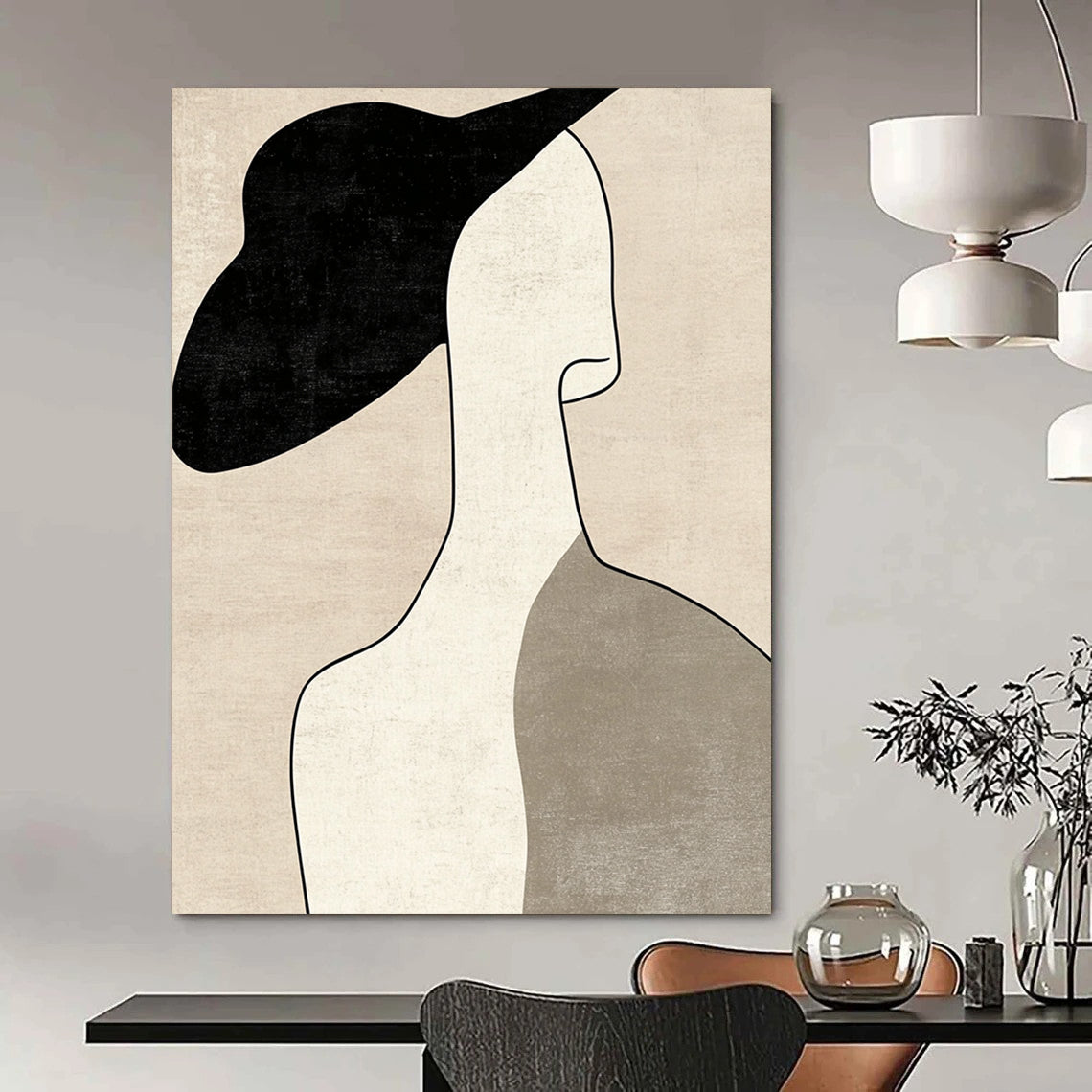Contemporary minimalist art featuring a woman's profile with a hat in neutral tones and visible brush strokes on a beige background. DLZ1614