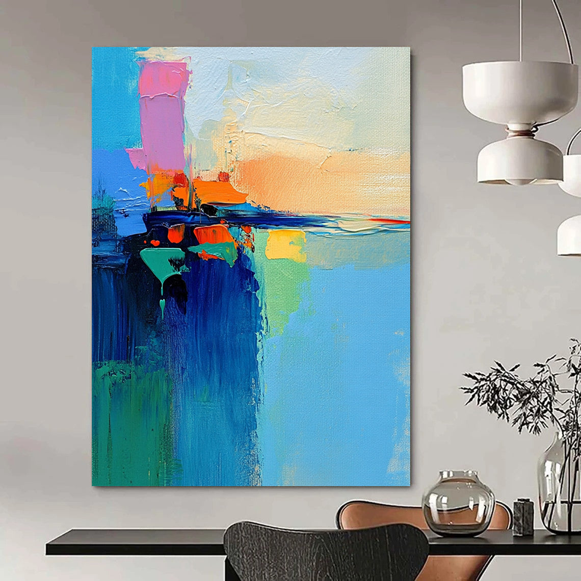 Contemporary abstract art featuring a vibrant lake and sky painted with a palette knife in dynamic brush strokes of blue green orange pink and yellow. DLZ0469