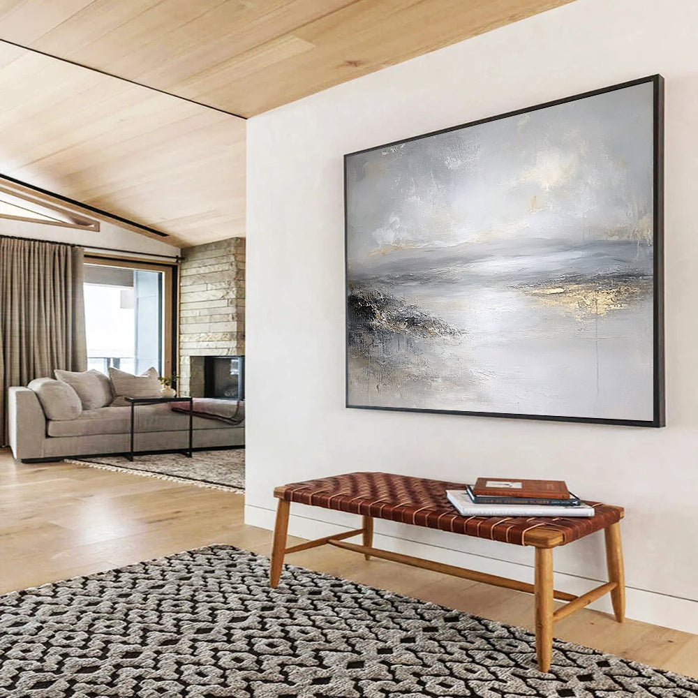 “Gray - Gold Abstract Waterscape” - Gray, Gold, Abstract Waterscape Painting On Canvas HB1111