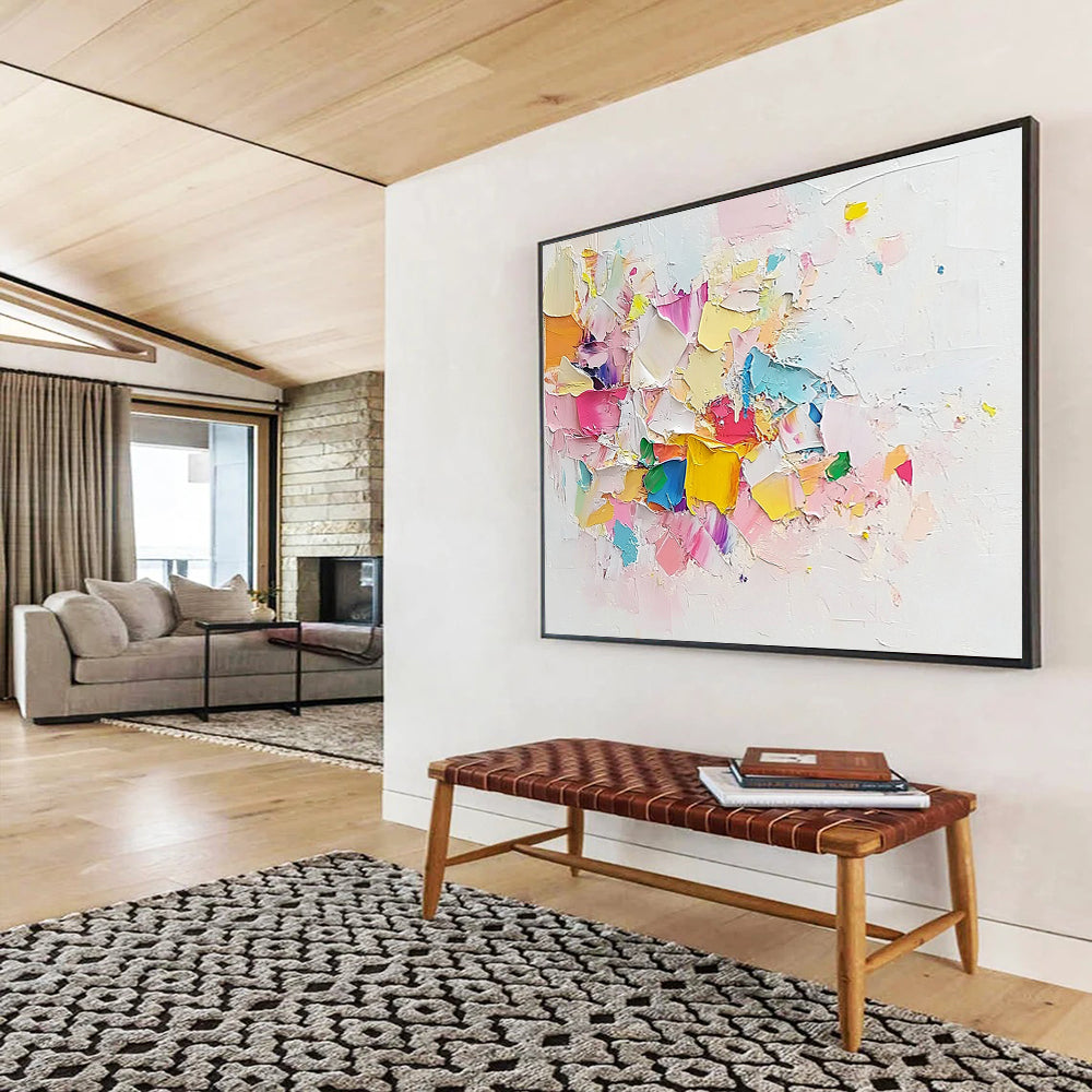 “Colorful Textured Abstract Collage” - Pink, yellow, blue, green, purple; Textured abstract collage; Mixed Media Painting On Canvas HB1223