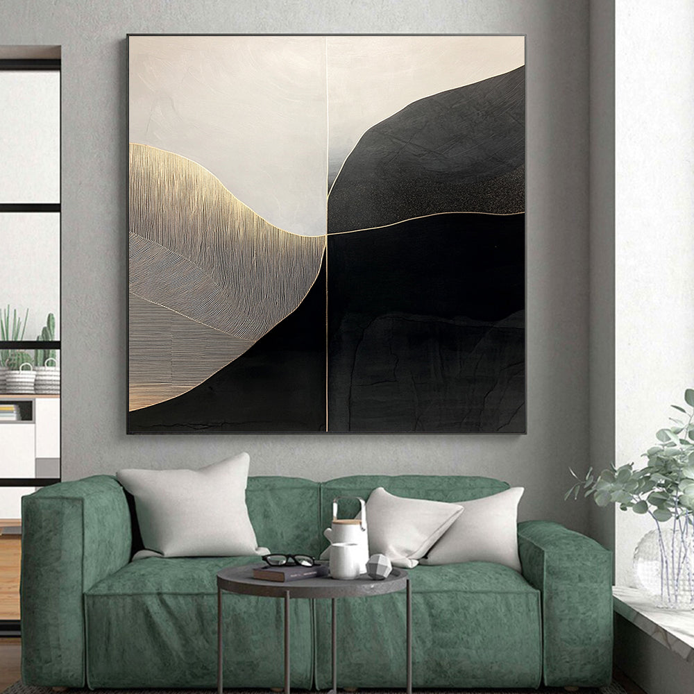 Black, White, Gold, Curved Geometry "Gilded Horizon" Abstract Modernist Painting On Canvas HB140
