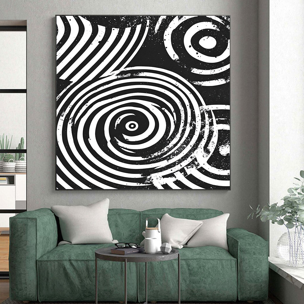 Black and White Concentric Circles "Perceptual Spin" Painting On Canvas HB284