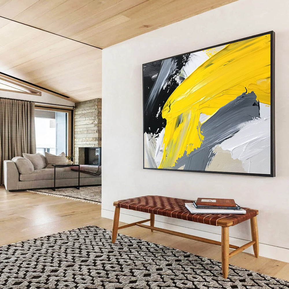 “Yellow - Gray Layered Abstraction” - Yellow, Gray, White, Textured Color Blocks - Acrylic Painting HB1627