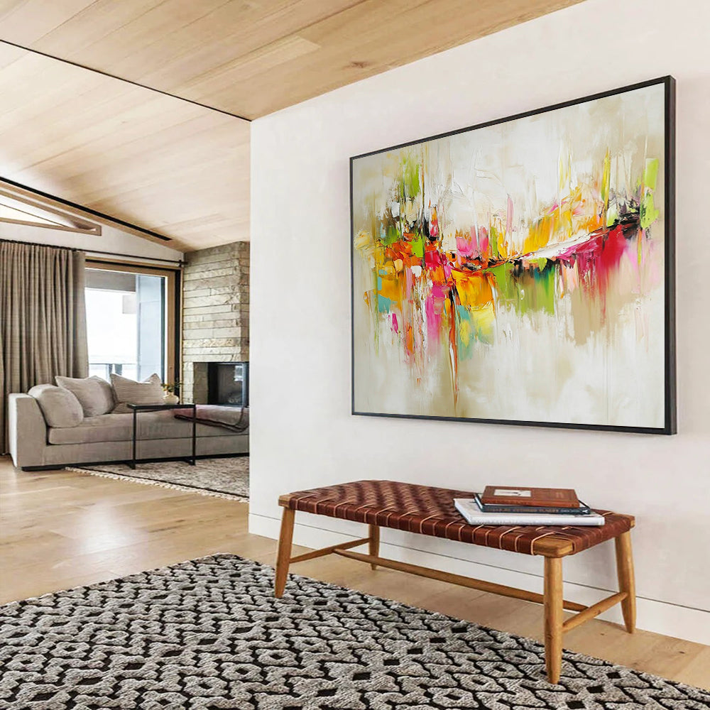 “Vibrant Abstract Cityscape” - Colorful, with hues of green, orange, pink, yellow; Abstract cityscape with thick brushstrokes; Oil Painting On Canvas HB1256