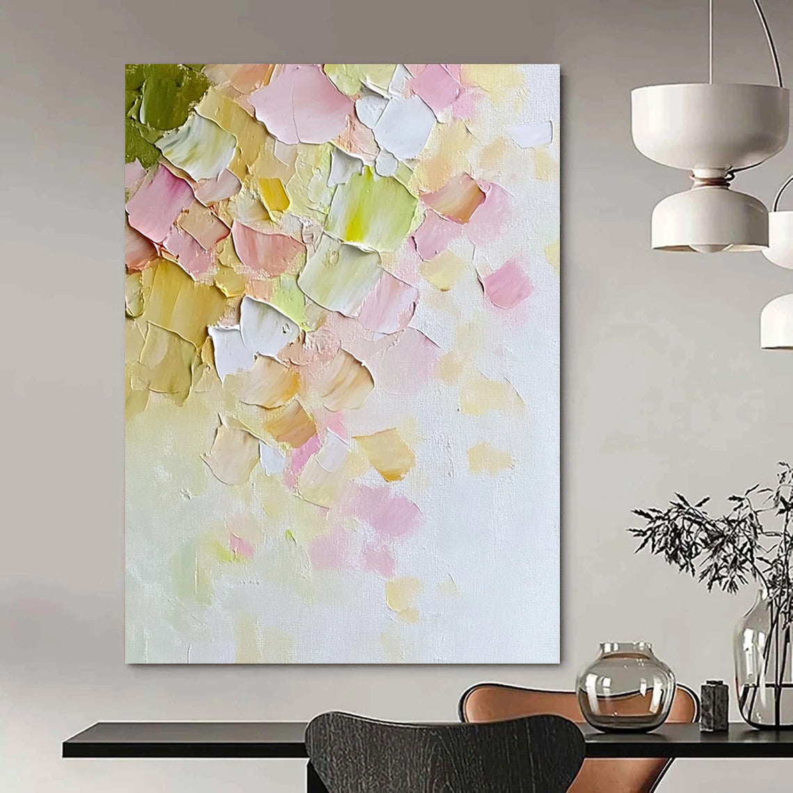 Contemporary hand-painted abstract art features soft pastel petals on textured canvas evoking warmth and serenity in a minimalist springtime style. DLZ1192