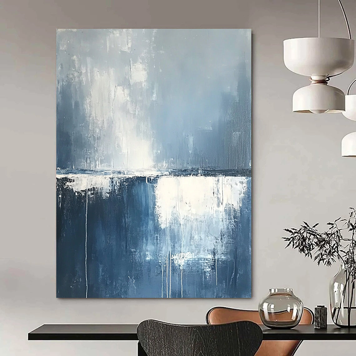 Contemporary hand-painted abstract art featuring misty clouds and rain over the ocean in soothing blue and grey tones with soft white edges. DLZ0630