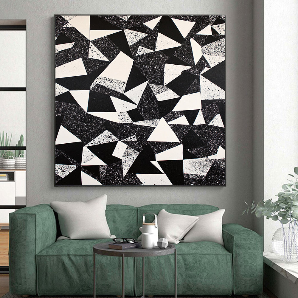 Black, White and Speckled Geometric Triangles "Starry Triangles" Painting On Canvas HB391