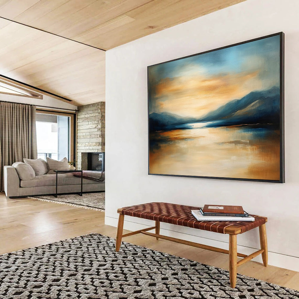 “Mountain Lake Sunset” - Orange, Blue, Beige, Landscape Oil On Canvas HB0703