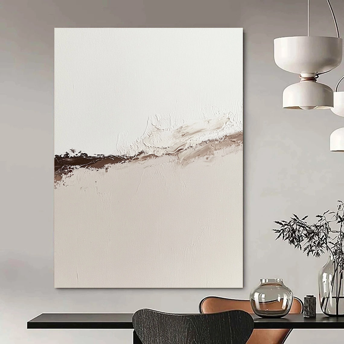 Contemporary abstract oil painting showcasing the tranquil boundary of water and desert sand in muted neutral tones with rich brown accents. DLZ1312