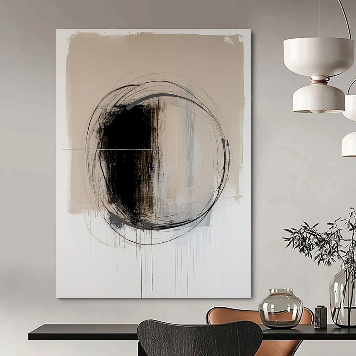 Contemporary hand-painted abstract artwork featuring a black oval with dynamic brush strokes on a serene light beige background. DLZ1010