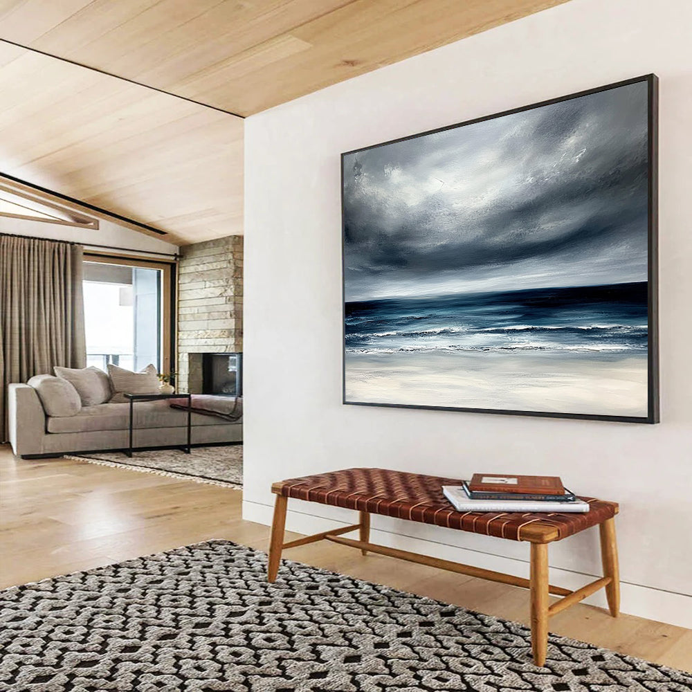 Gray, Blue, White and Beige Dramatic Seaside "Stormy Horizon" Painting On Canvas HB0675