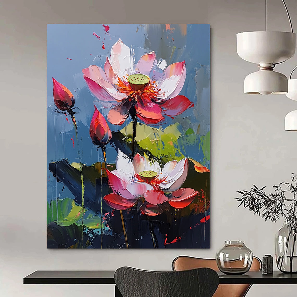 Contemporary hand-painted abstract artwork features vibrant lotus flowers with pink and red petals against a blue background creating a lively atmosphere. DLZ0423