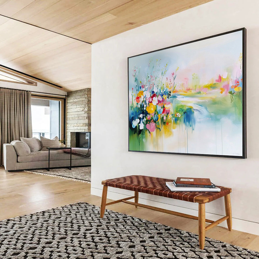 Colorful Flower Field by the River - Dreamy Abstract Landscape Painting On Canvas HB0433