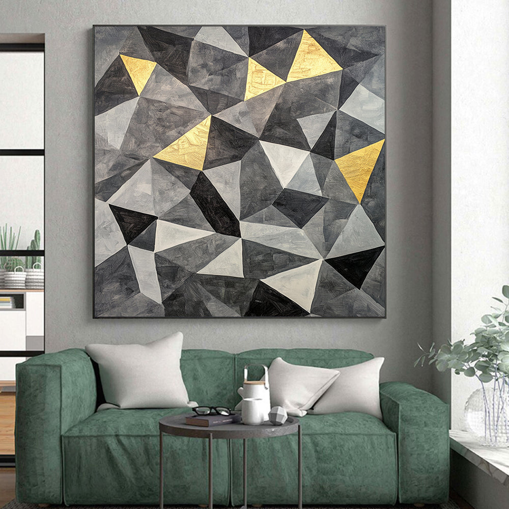 Gray, Black, White and Gold Geometric Triangles "Golden Geometry" Painting On Canvas HB363
