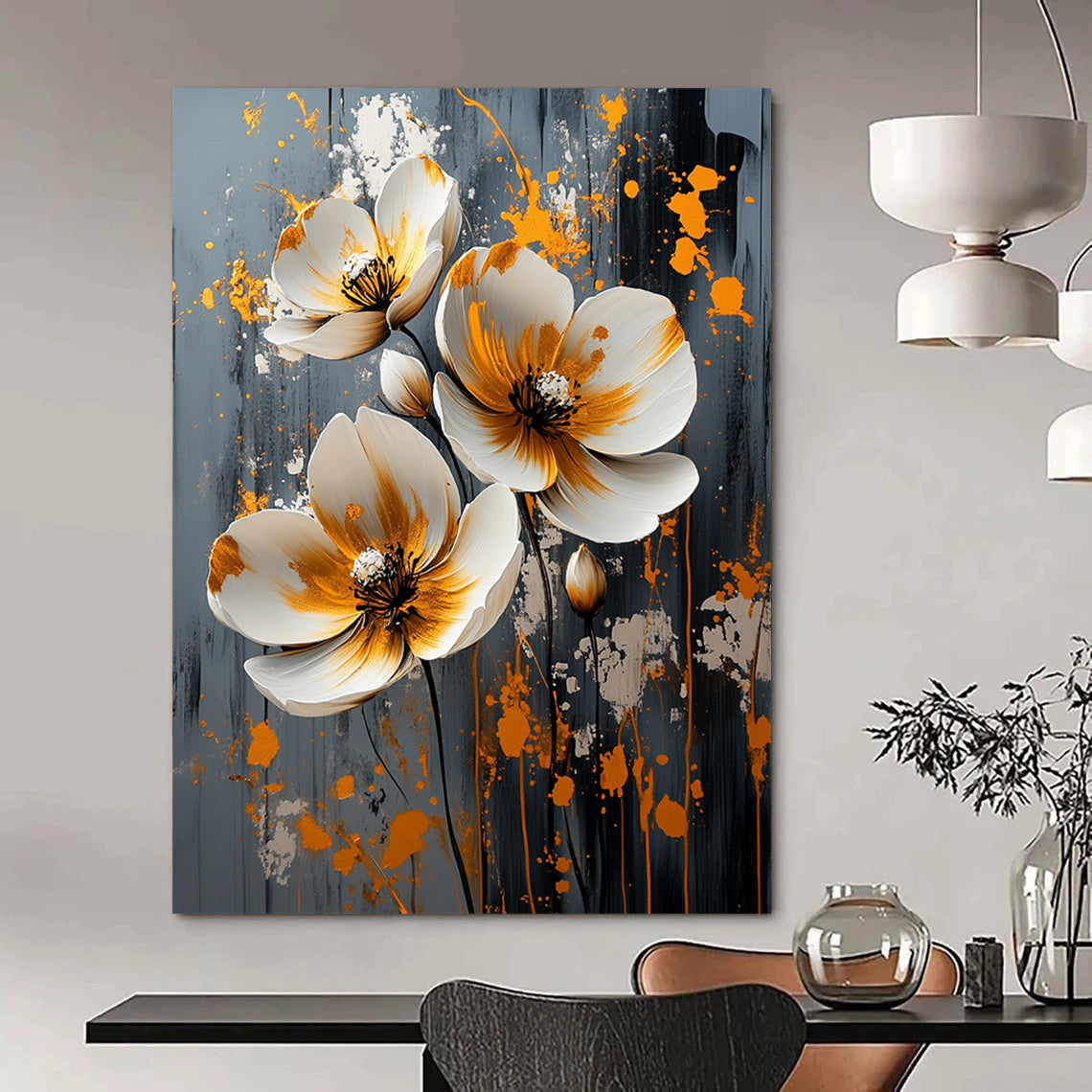 Contemporary abstract artwork features white flowers with gold and silver splashes on a textured grey canvas, perfect for modern decor. DLZ0824