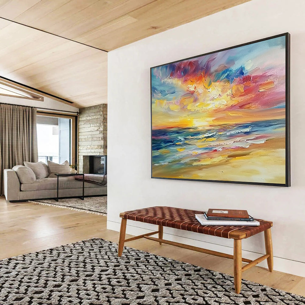 “Vibrant Sunset Sea” - Bold Orange, Pink, Purple, Blue, Impressionistic Sunset Beach Painting On Canvas HB0981