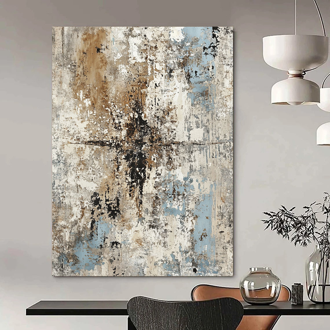 Contemporary hand-painted abstract artwork features weathered concrete and peeling paint in muted grays browns and blues for timeless elegance and rustic charm. DLZ1168