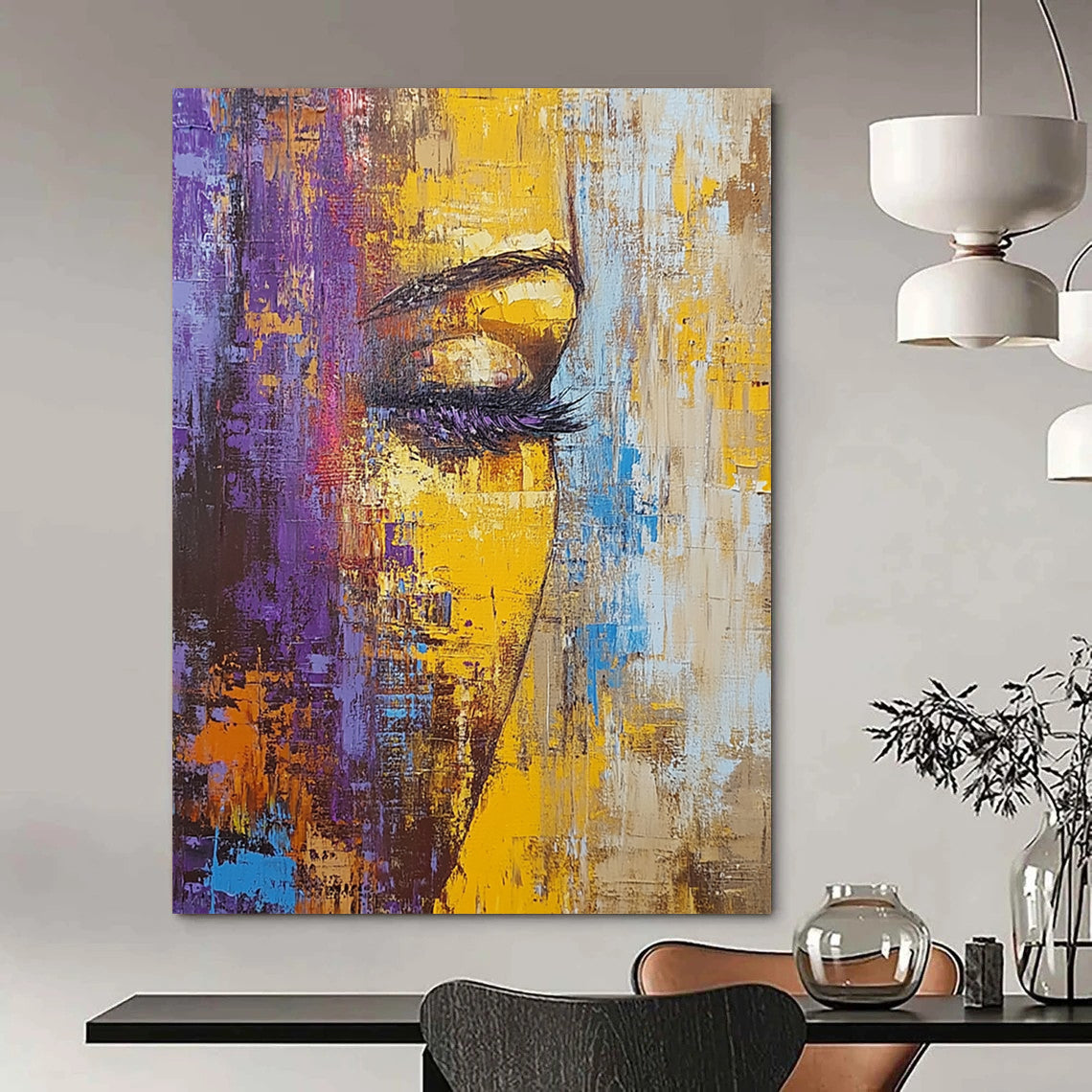 Contemporary hand-painted abstract artwork featuring textured palette knife techniques and vibrant hues of brown yellow purple and blue in an old cityscape. DLZ0581