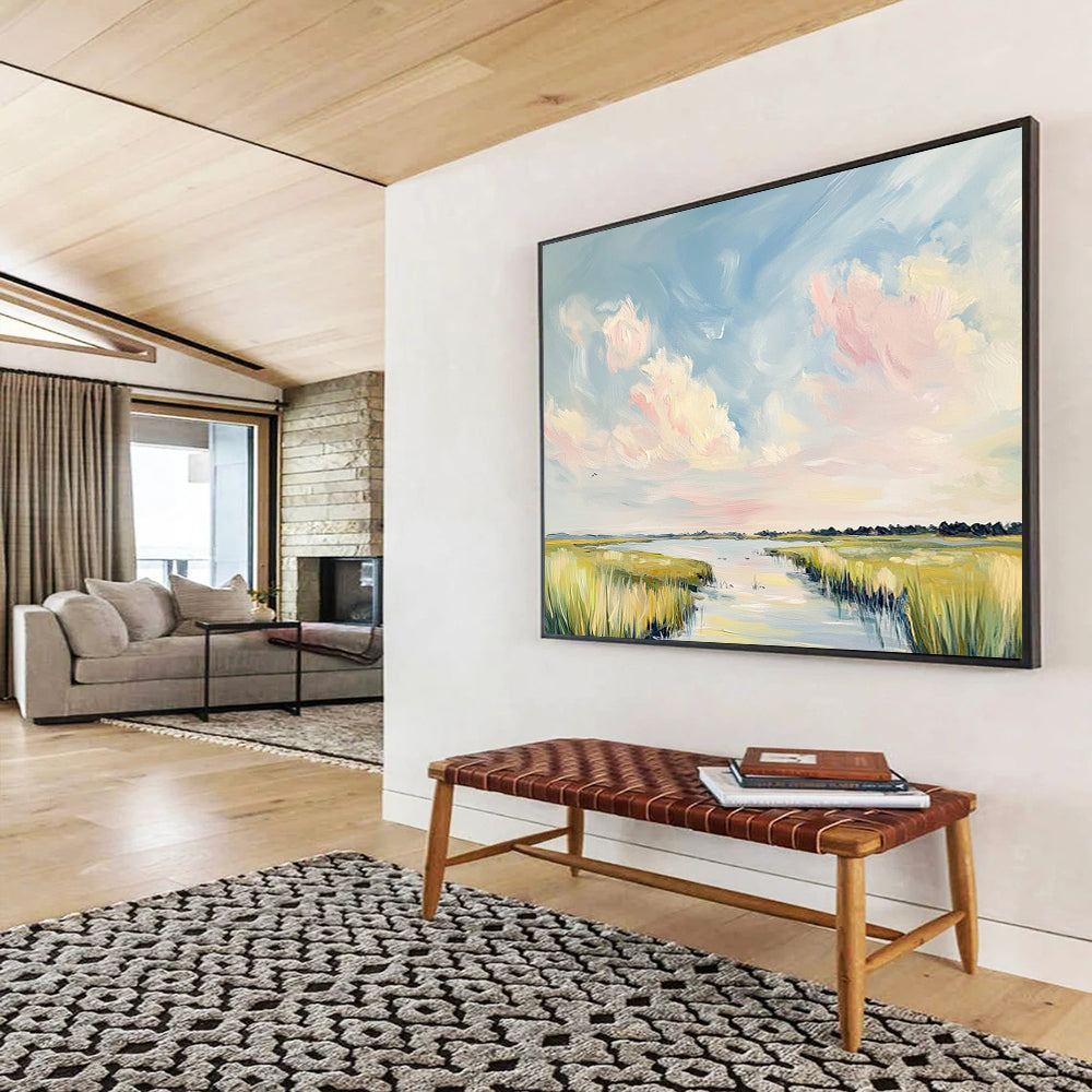 Pastel Sky Over Marshland - Soft Impressionistic Landscape Painting On Canvas HB0440