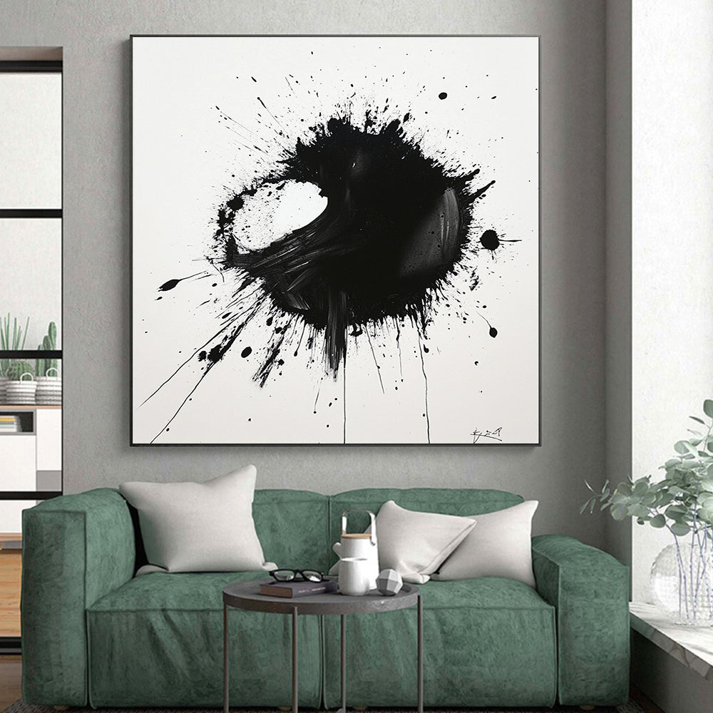 Black Asymmetric Splatter on White - “Unbalanced Ink Drama” Painting On Canvas HB219
