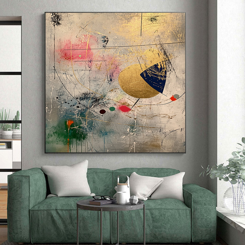 Gray, Gold, Pink, Blue, Abstract Shapes "Whimsical Fusion" Abstract Painting On Canvas HB032