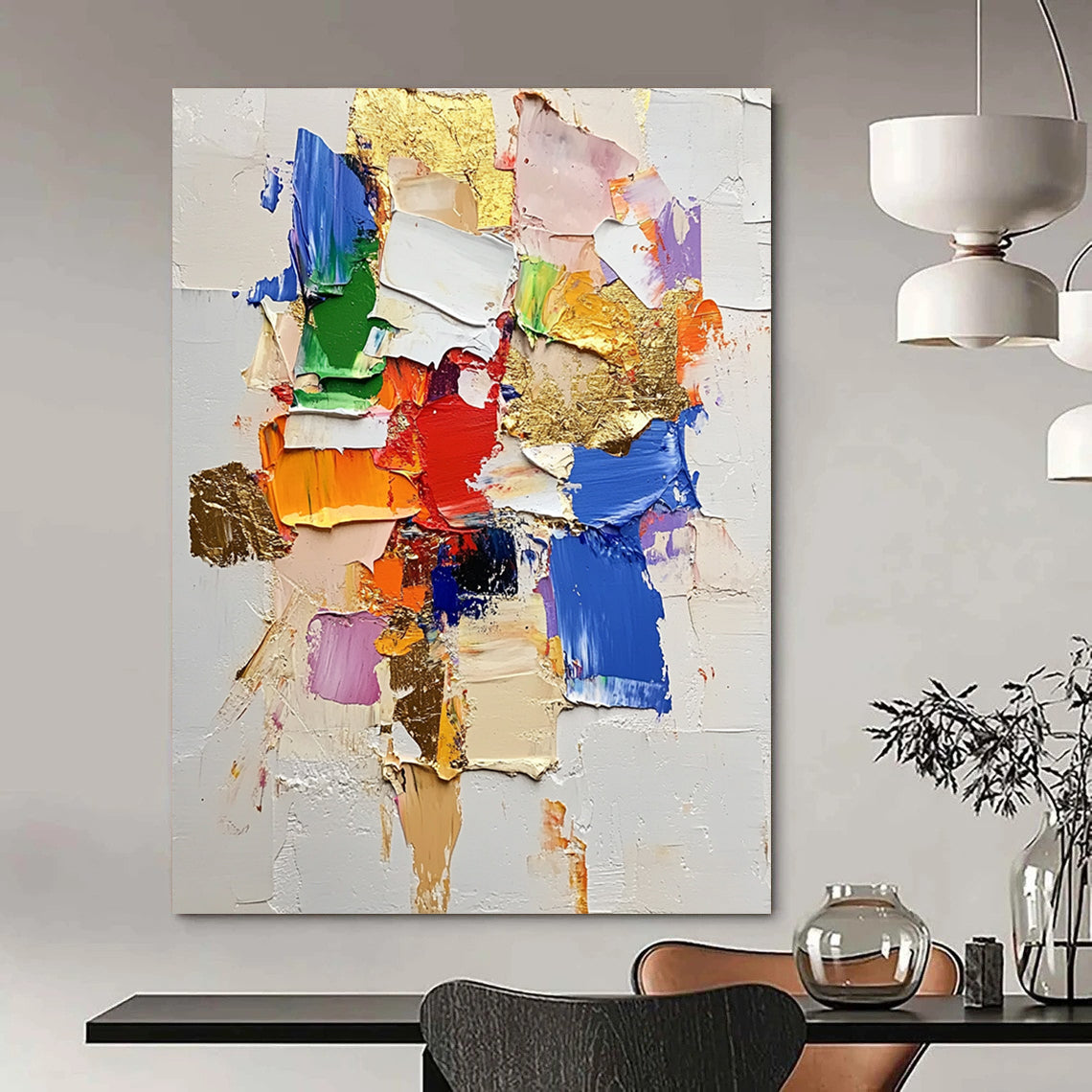 Contemporary hand-painted abstract art featuring textured thick paint vibrant color blocks and elegant gold foil accents on a white background. DLZ0682