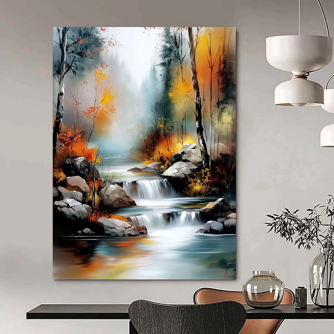 Contemporary abstract landscape featuring a tranquil river amid an autumn forest with misty hues and vibrant light effects in a digital watercolor style. DLZ1128