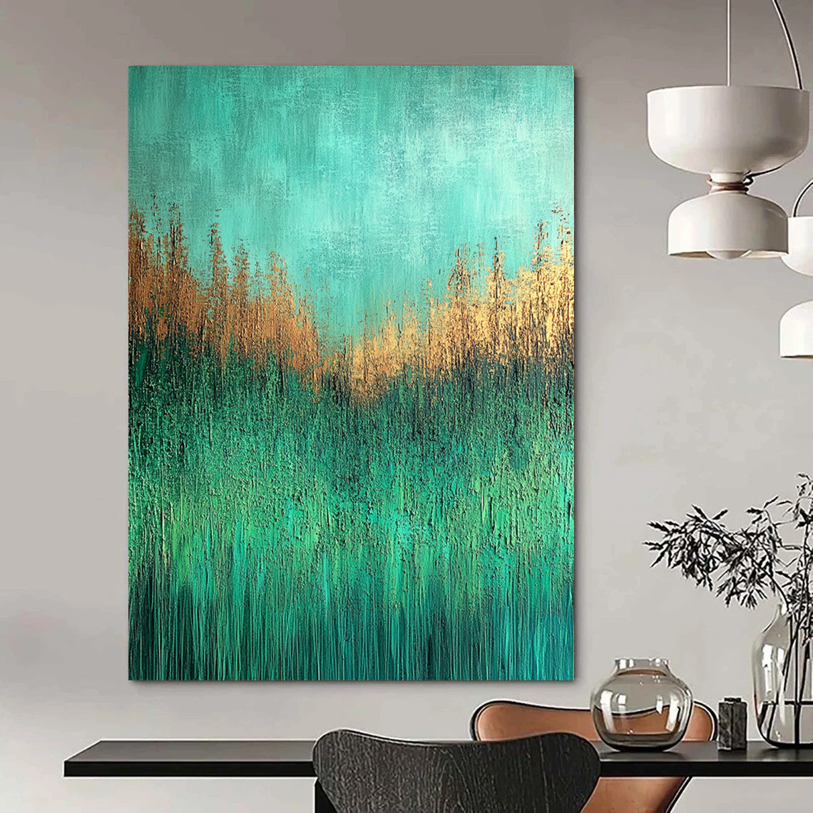 Contemporary abstract painting depicting a textured grassy meadow in aqua green and brown shades on canvas with UHD quality. DLZ0597