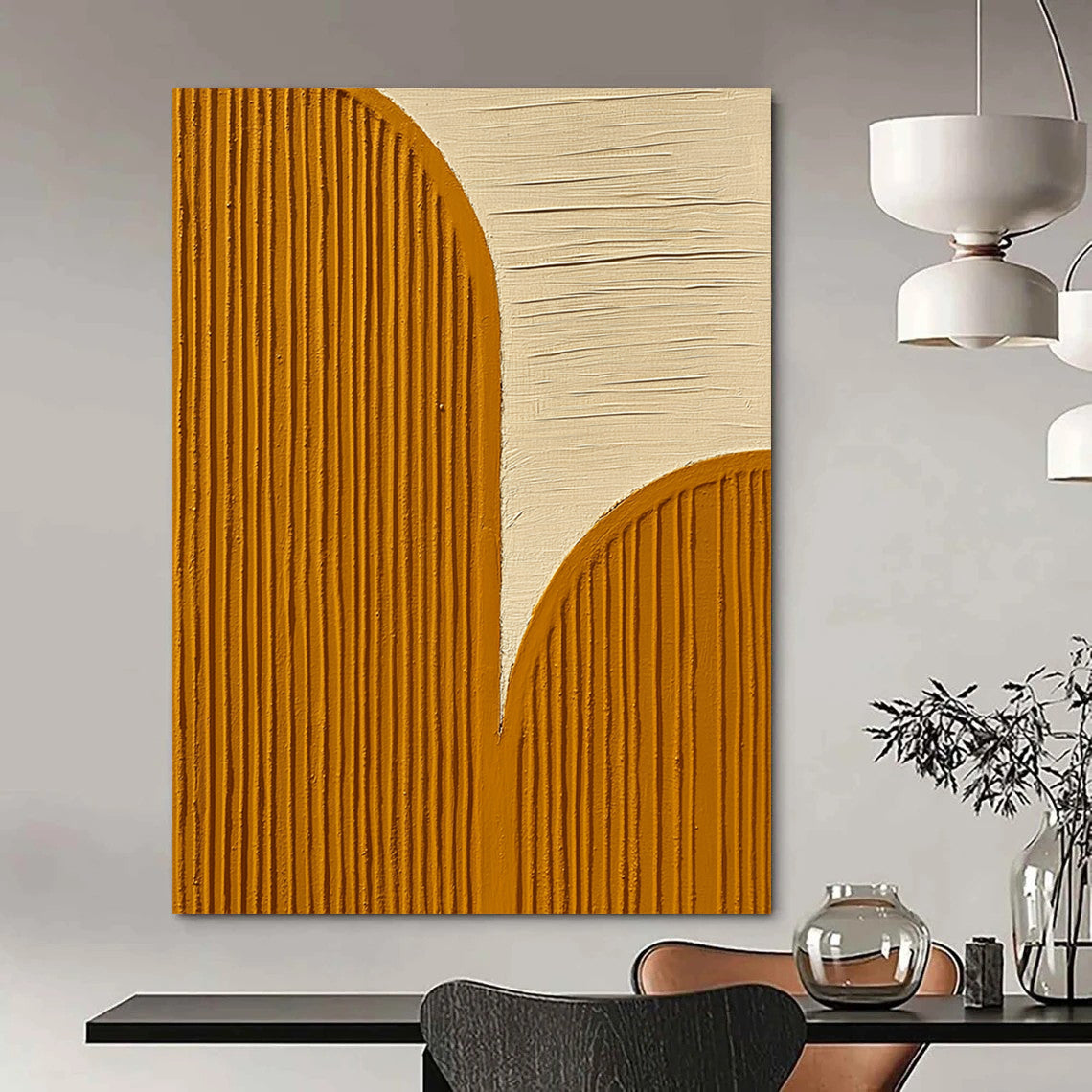 Contemporary abstract artwork featuring textured wood grain patterns in yellow and gold against a white backdrop embodying tranquility and harmony. DLZ1345