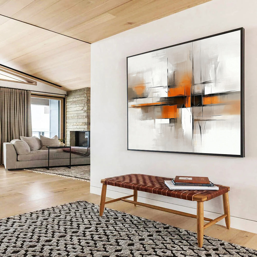 “Geometric Abstract in Gray and Orange” - Gray, orange, white, black; Geometric abstract with lines and blocks; Acrylic Painting On Canvas HB1219