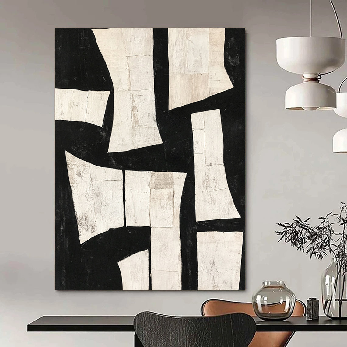 Contemporary hand-painted abstract art featuring deconstructed minimalist shapes and torn paper collage in dynamic white on black. DLZ0303